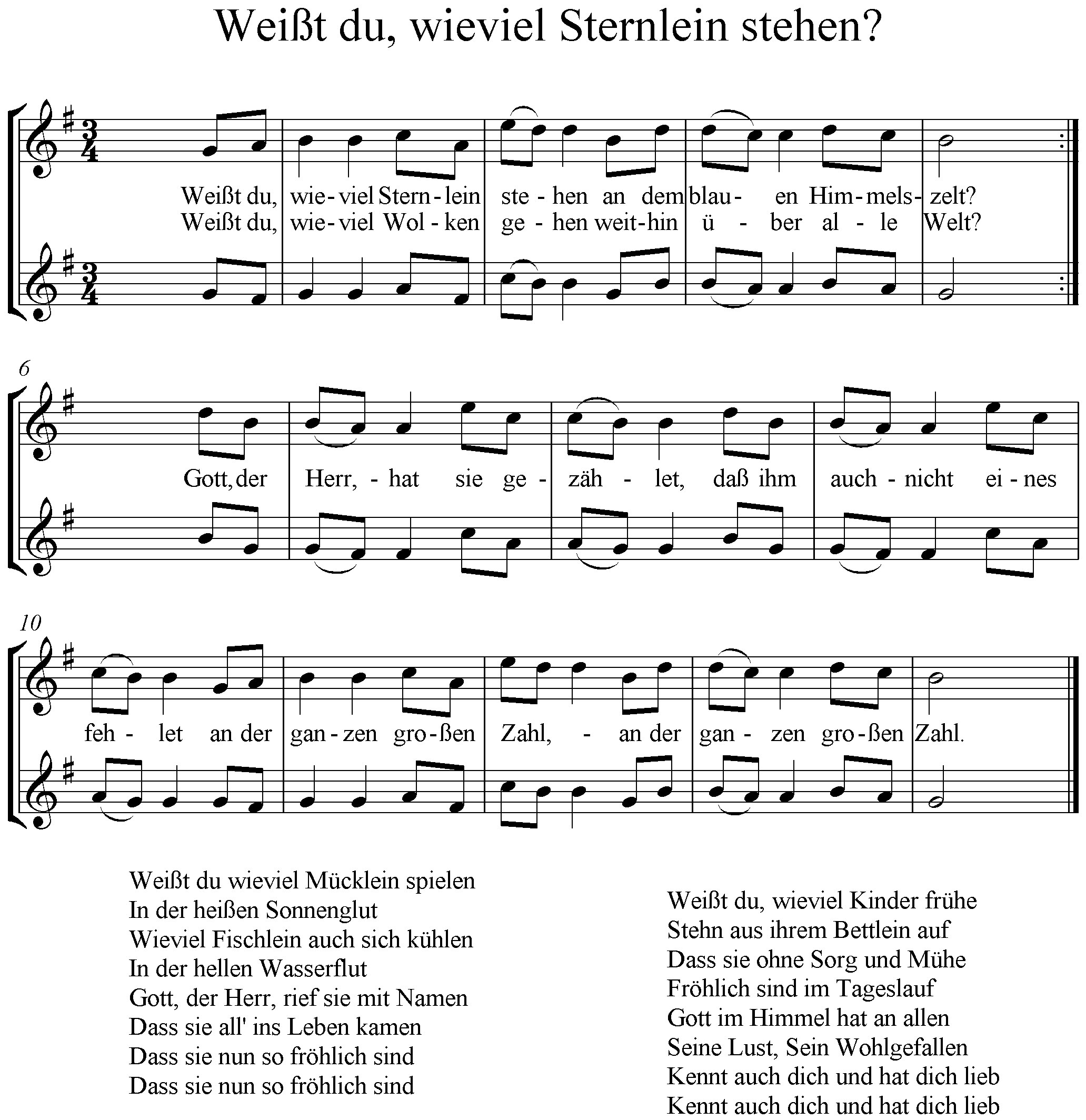 Weisst du wieviel Sternlein stehen Noten, sheet